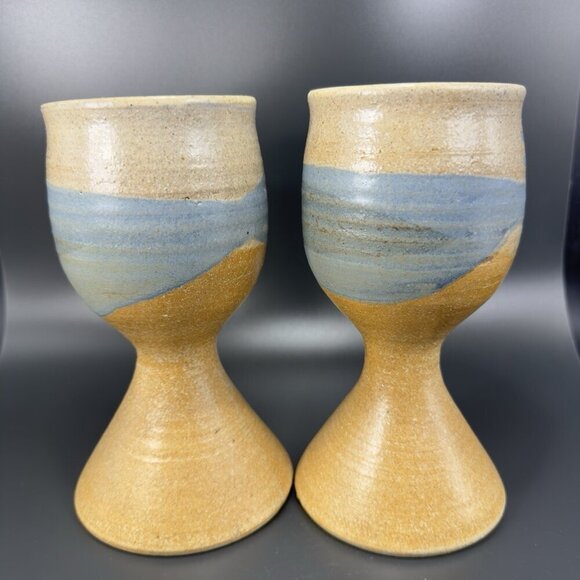 Vintage Large Footed Goblets Cups Set 2 Brown Stoneware Pottery Artist Signed - Picture 12 of 14
